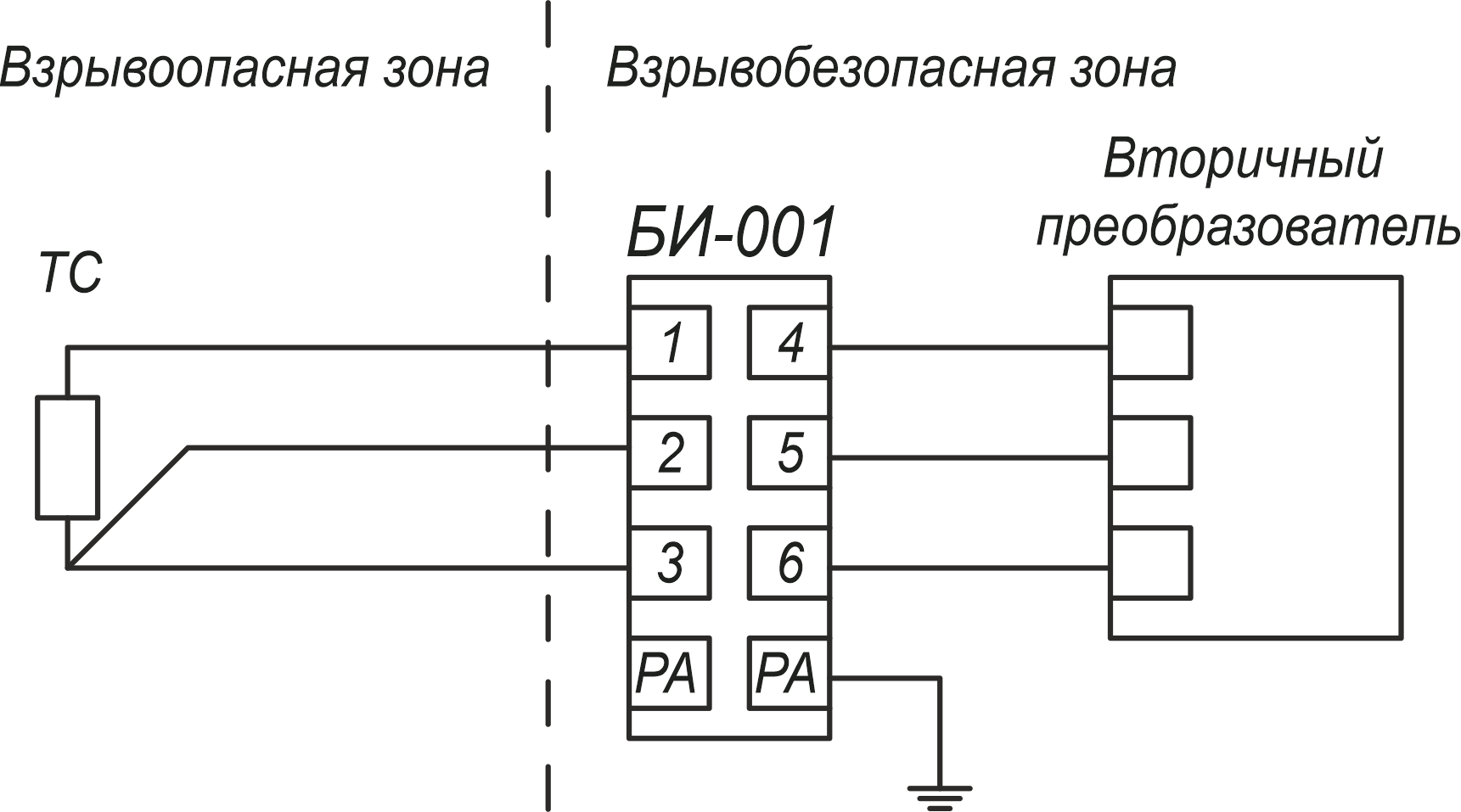 БИ-001 Трехпроводная схема подключения термопреобразователя сопротивления (ТС)