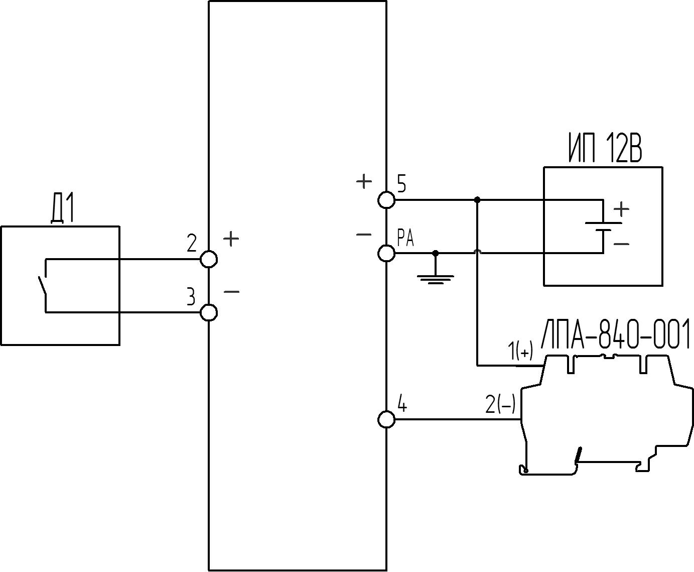 БИ-005 Схема подключения датчика «сухой контакт» и модуля ЛПА-840-001