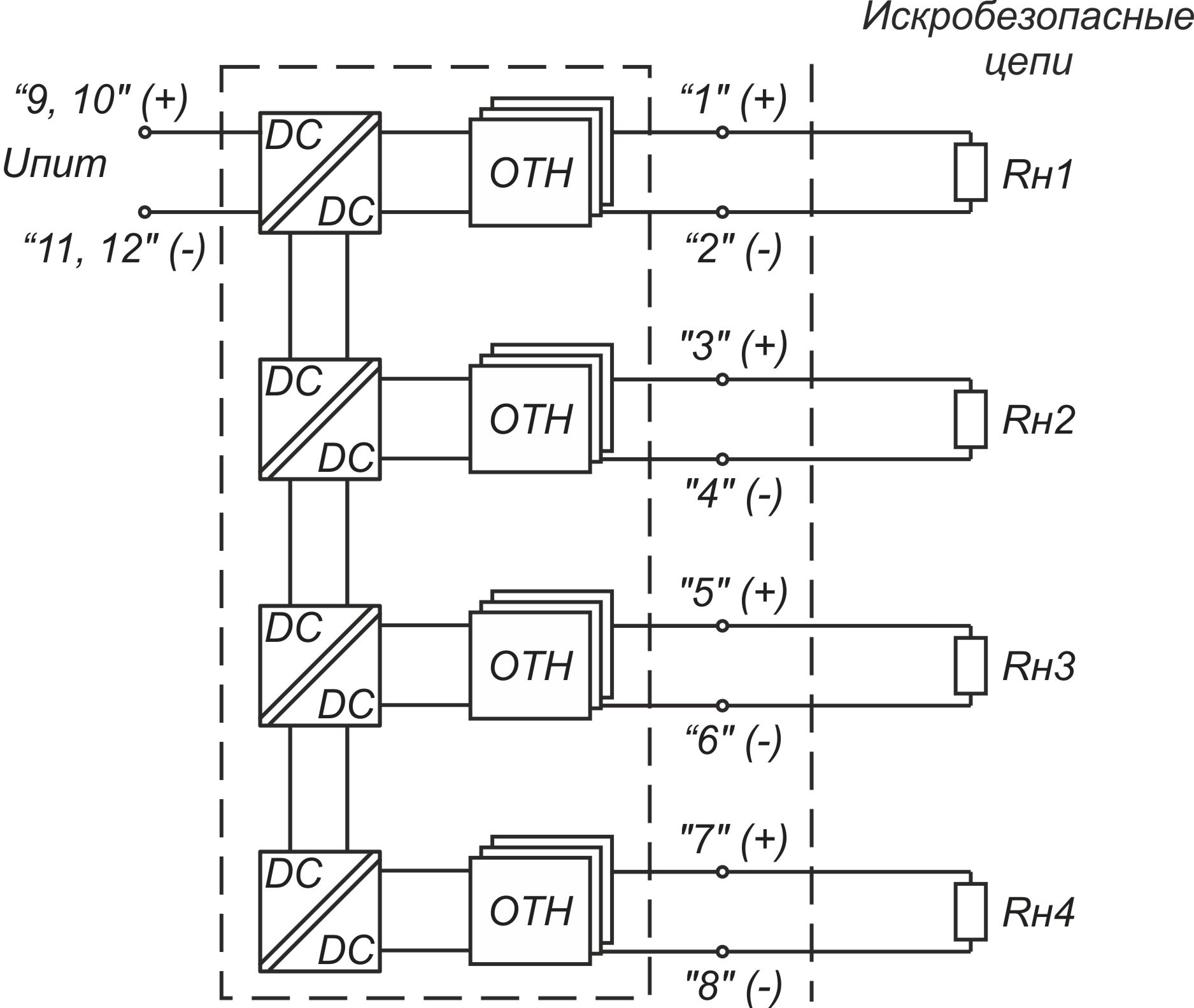 ЛПА-200 Схема подключения нагрузки (4 канала)