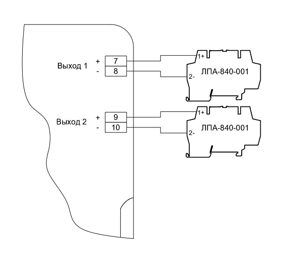 ЛПА-350 Схема подключения токовых выходов барьера к релейным модулям ЛПА-840-001