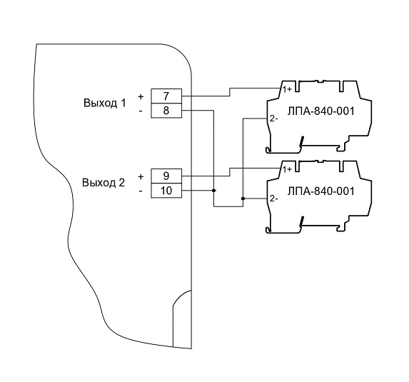 ЛПА-350 Схема подключения токовых выходов барьера к релейным модулям ЛПА-840-001 с использованием общего провода