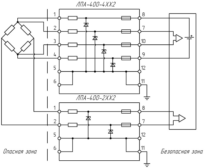 ЛПА-40х Искрозащита мостовых тензометрических датчиков по 6-проводной схеме с возбуждением постоянным напряжением