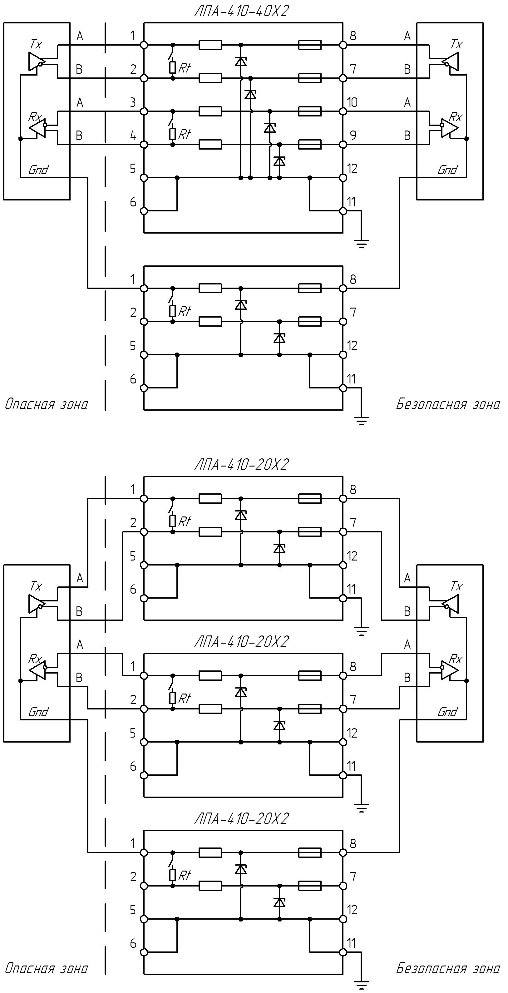 ЛПА-410 Типовые схемы подключения интерфейса RS-422 с изолированными приемопередатчиками