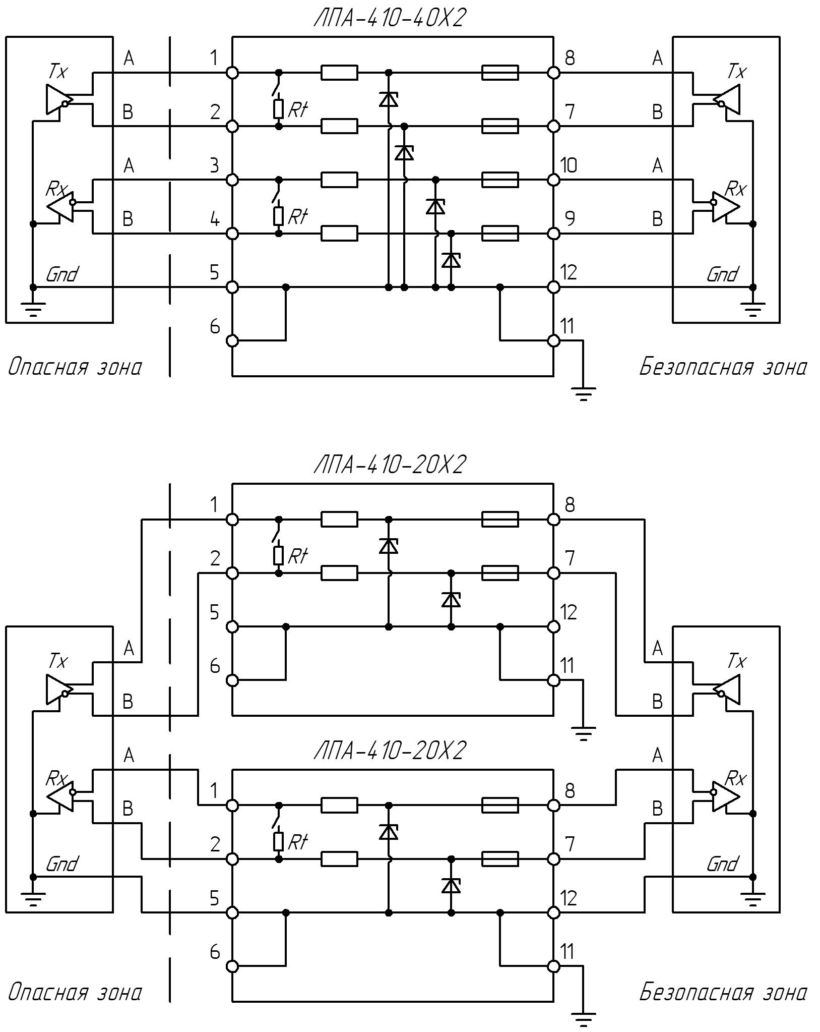 ЛПА-410 Типовые схемы подключения интерфейса RS-422 с заземленными приемопередатчиками