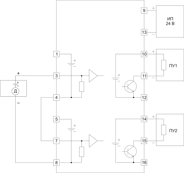 Схема подключения барьеров НБИ-20П с разветвлением сигнала от одного активного датчика
