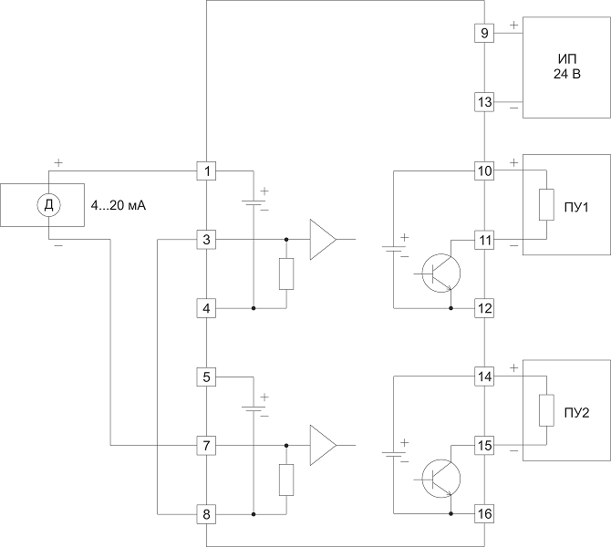 Схема подключения барьеров НБИ-20П с разветвлением сигнала от одного пассивного датчика