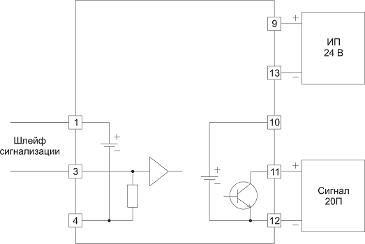 Схема использования НБИ-20П в шлейфе сигнализации (ШС) на примере ШС «Сигнал 20П»
